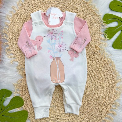 Conj. Body Manga Longa e Jardineira Suedine - Passarinhos - Off White e Rose